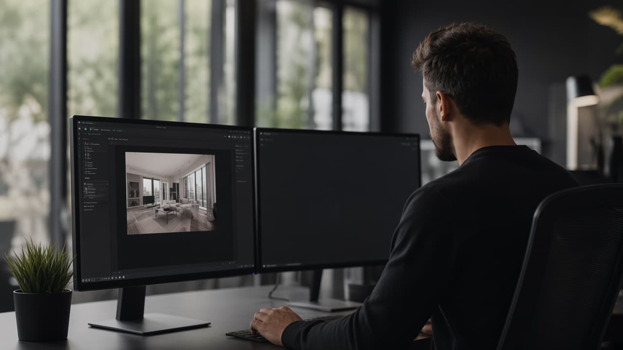 Ontwerper aan een bureau met twee monitoren